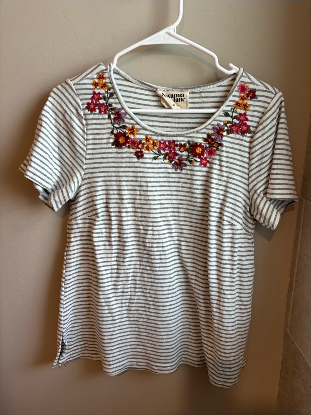Savanna Jane White & Gray Striped Tee with Multicolor Floral Embroidery